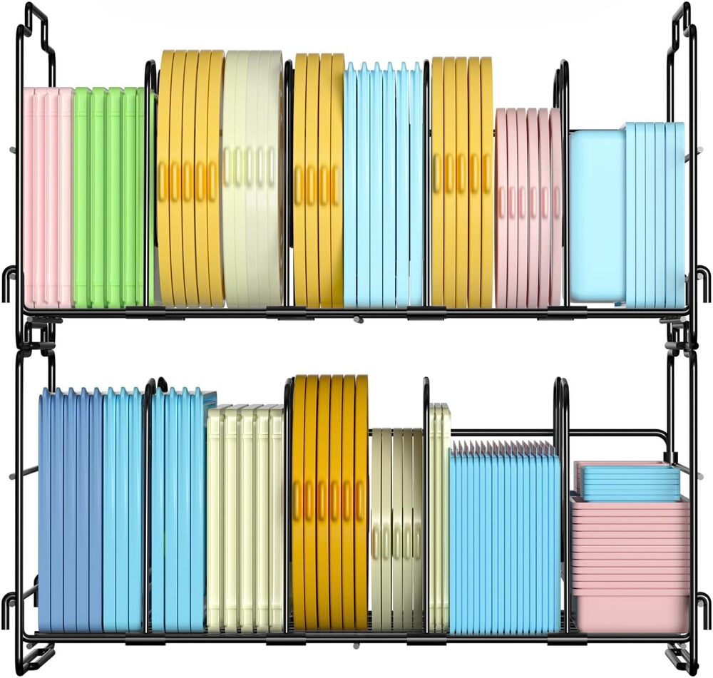 2 Stackable Food Container Lid Organizer, Adjustable Metal Lid Storage Shelf